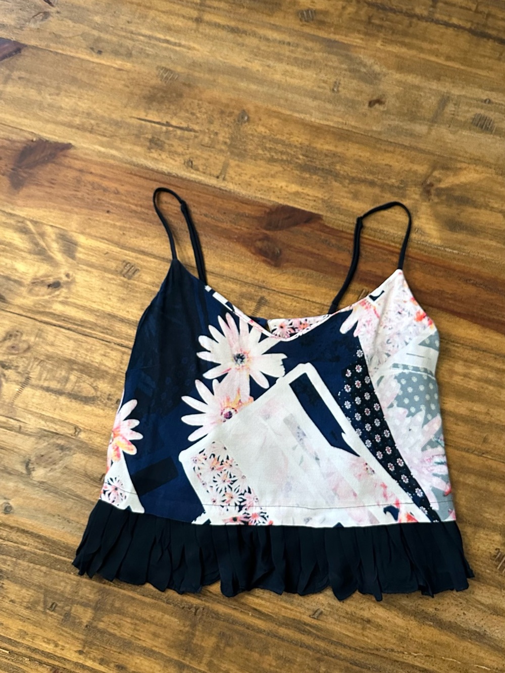 French Connection Navy Floral Patchwork Cami with Fringe Hem